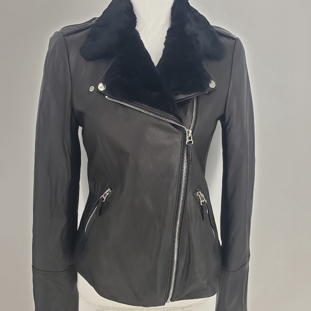 Gerard Darel Leather & Fur Trim Jacket in Black - Picture 3 of 11